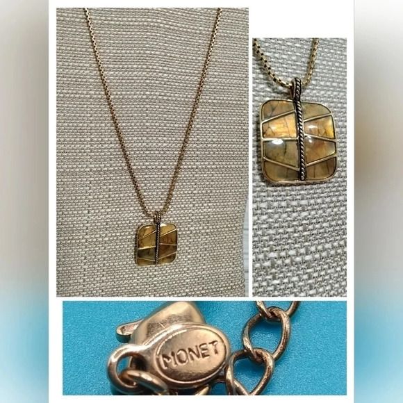 Monet Gold Tone Necklace Square Earth Tone Pendant iridescent 16" - Picture 1 of 8